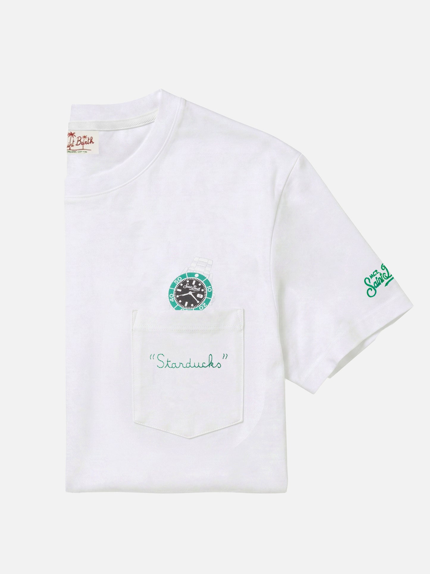 White Austin t-shirt with watch and Starduchs embroidery
