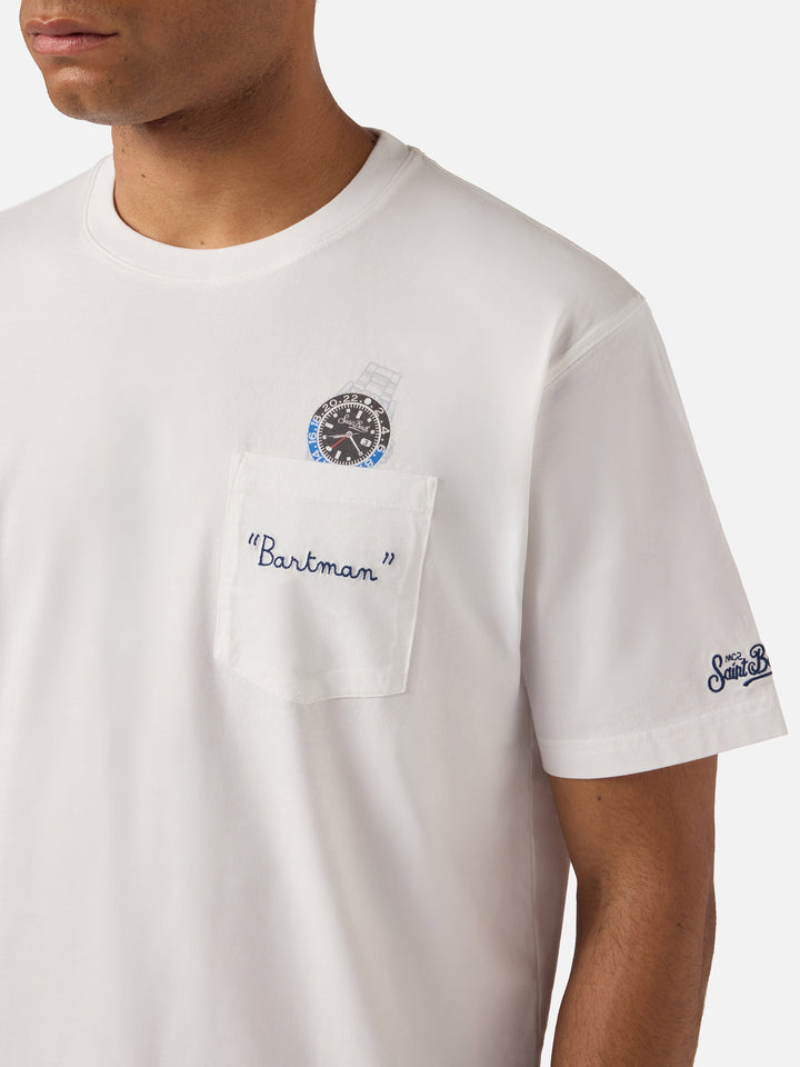 T-shirt Austin bianca con orologio e ricamo Bartman