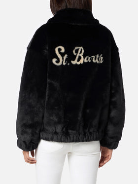 Woman furry bomber Abel with collar and Saint Barth print