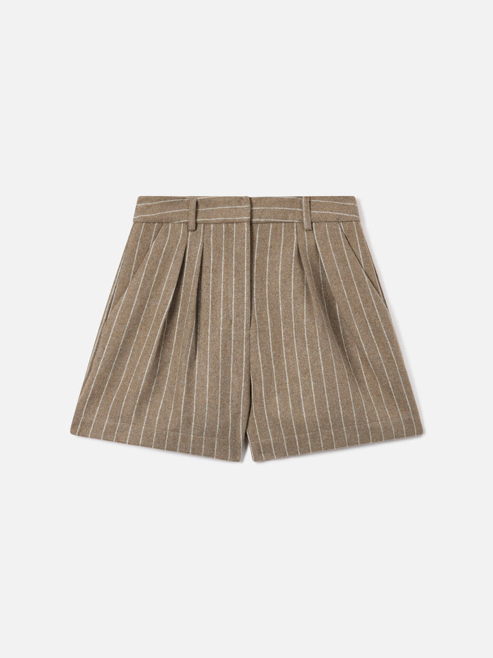 Beige Aya Shorts aus Wollmisch-Flanell mit Nadelstreifen 
