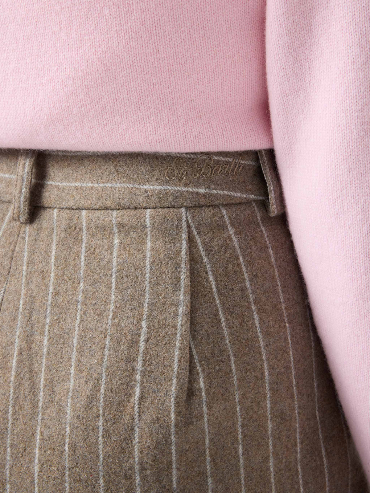 Beige Aya wool blend flannel shorts with pinstripes