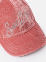 Cappellino da baseball in velluto rosa con logo in strass