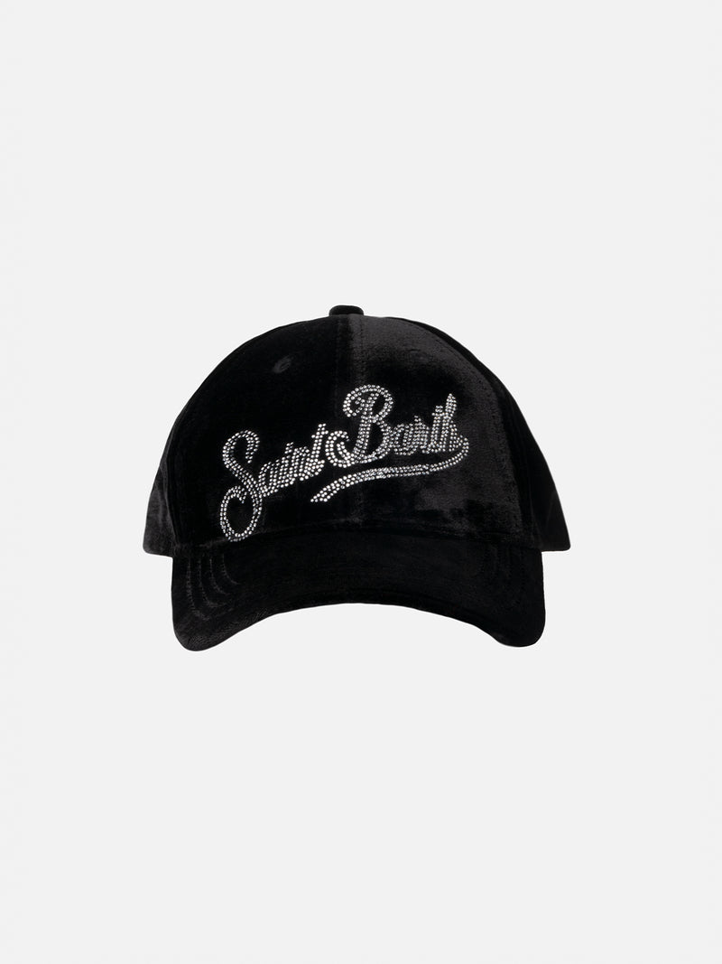 Schwarzes Samt-Baseball-Cap mit Strass-Logo