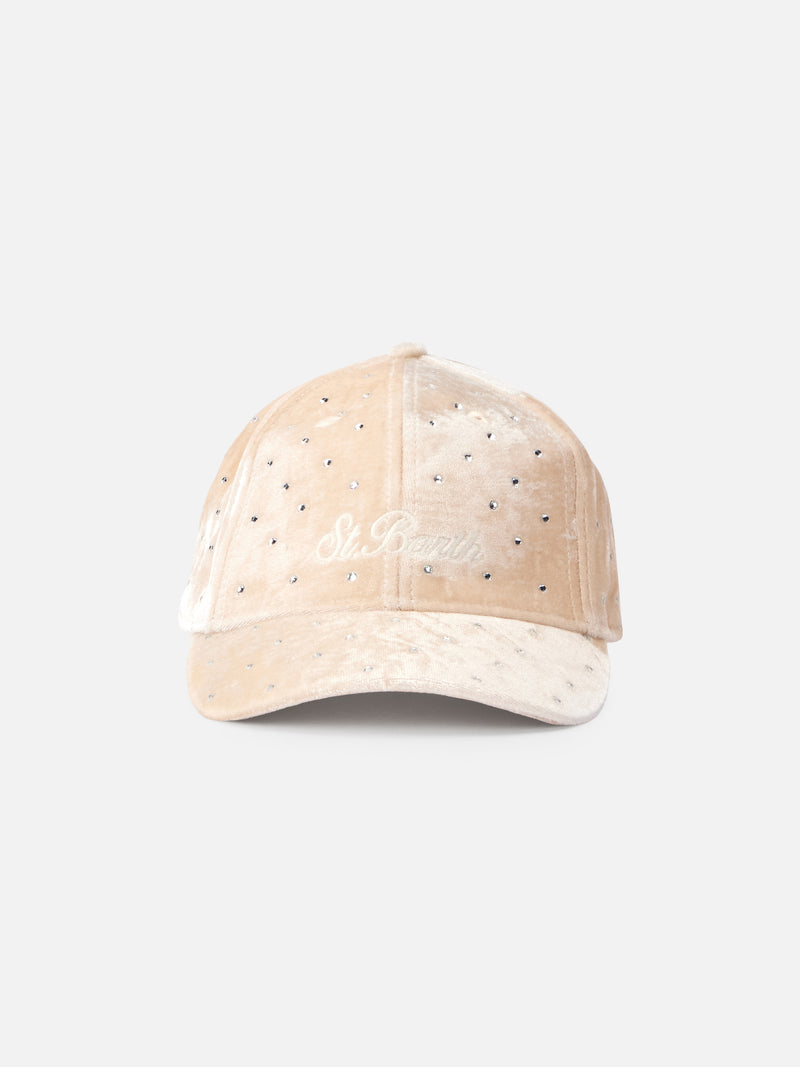 Cappellino da baseball in velluto beige con decorazioni in strass