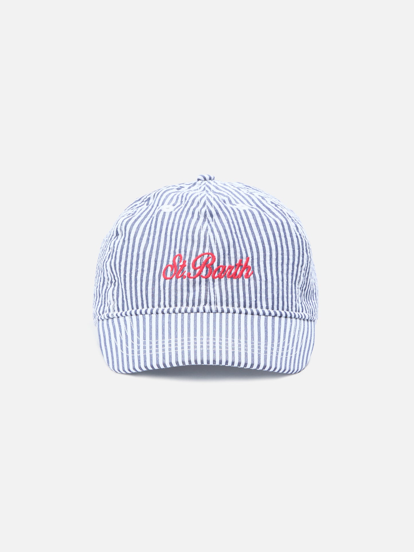 Baseball cap with visor in cotton seersucker with blue and white stripes