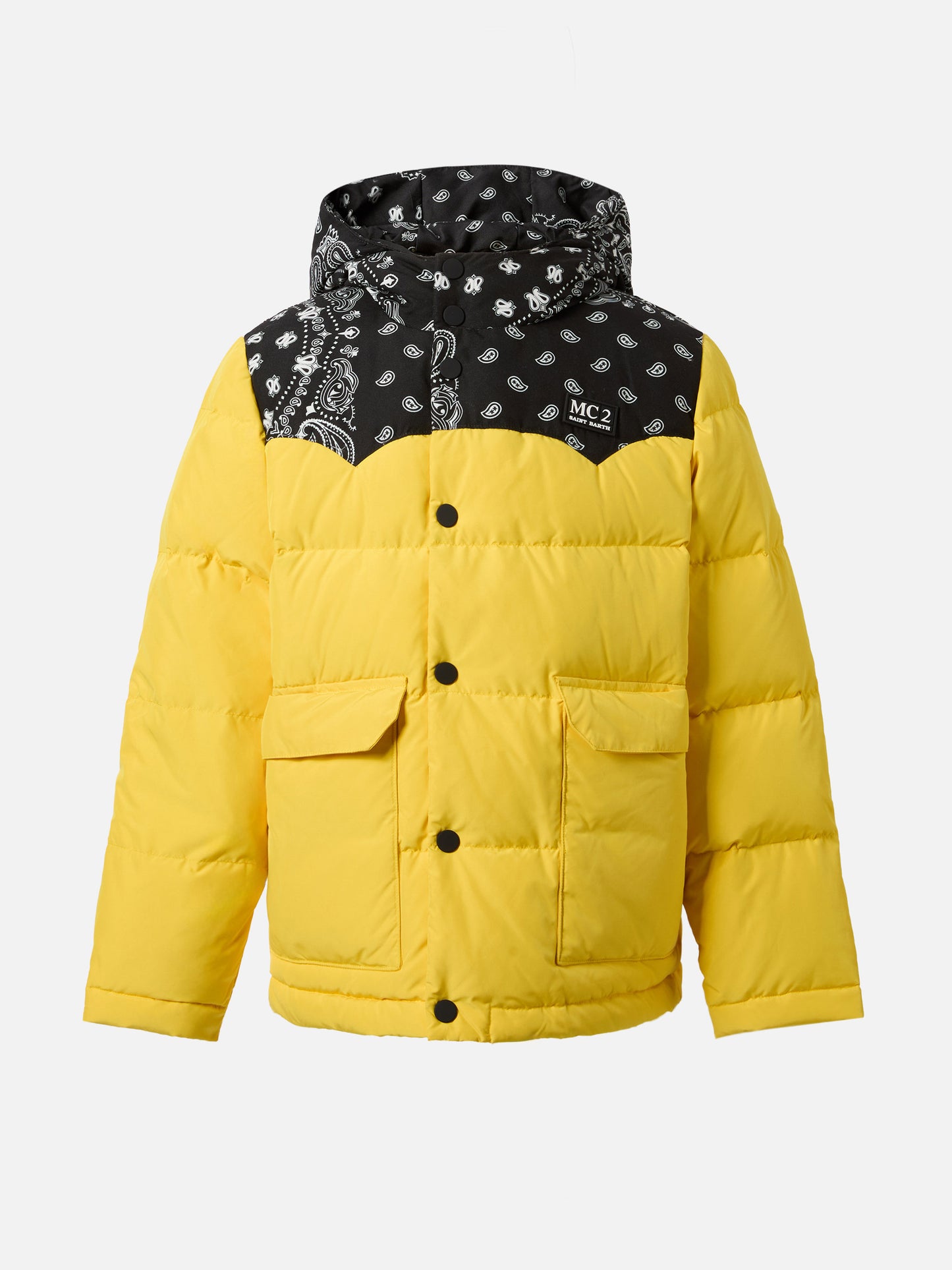 Hooded down padded jacket Baxter Jr with bandanna print