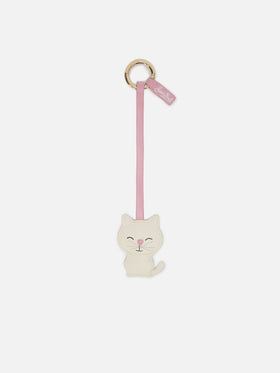 Cat-shaped smooth leather bag charm with logo tag