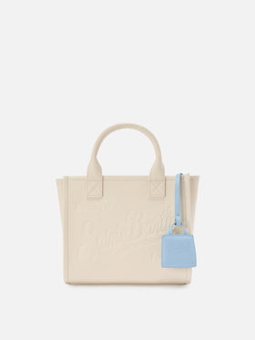 Light blue smooth leather bag charm with embossed logo