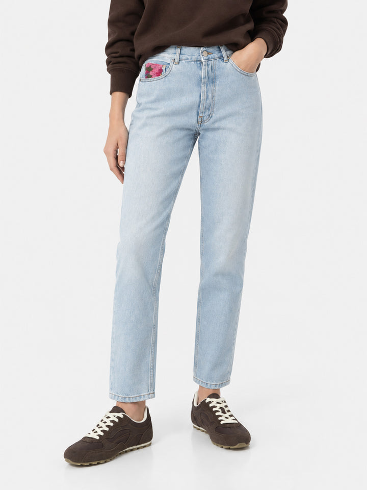 Belleville light blue denim jeans with crochet pockets
