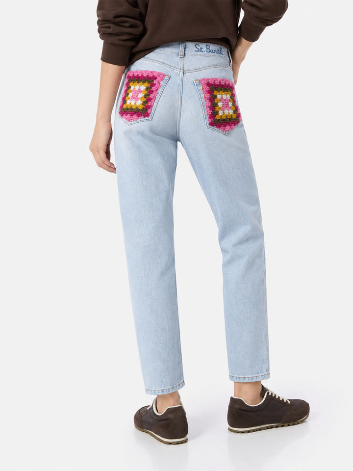 Belleville light blue denim jeans with crochet pockets