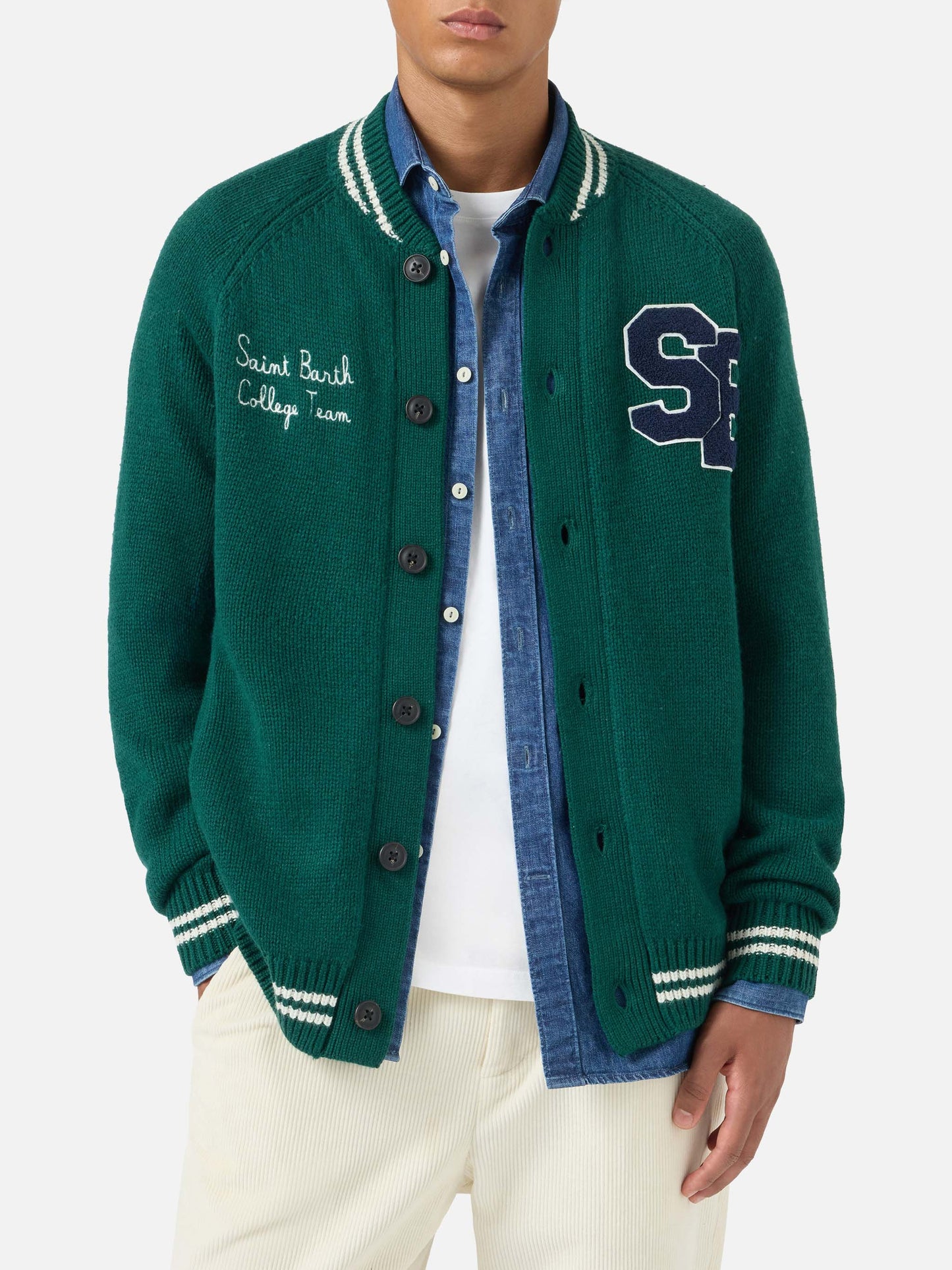 Grüner gestrickter Bomber im College-Stil Benjamin 