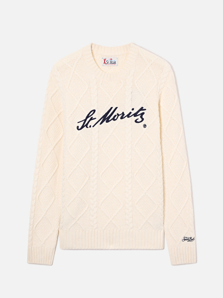 Jersey de punto trenzado color crema con cuello redondo y bordado St. Moritz | Special edition 