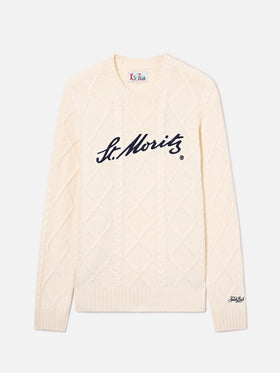 Jersey de punto trenzado color crema con cuello redondo y bordado St. Moritz | Special edition 