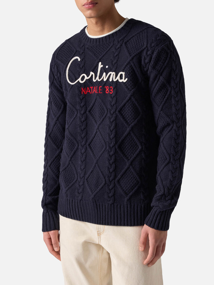 Blauer Rundhalspullover Bergen Tricot mit Cortina Natale '83 Stickerei