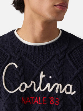 Blue crewneck sweater Bergen Tricot with Cortina Natale '83 embroidery