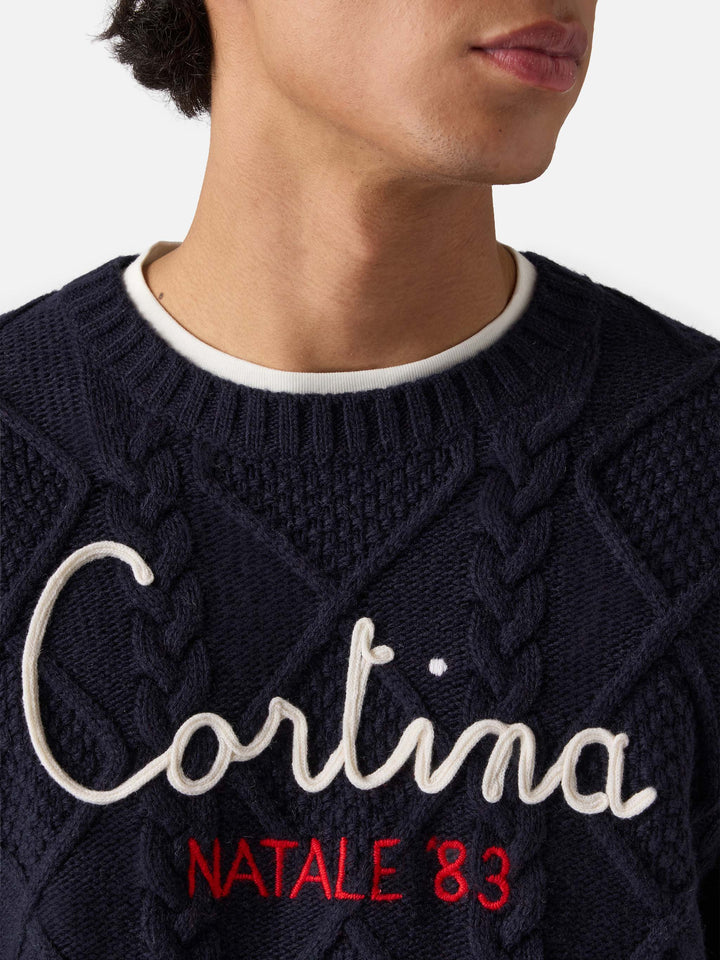 Blauer Rundhalspullover Bergen Tricot mit Cortina Natale '83 Stickerei