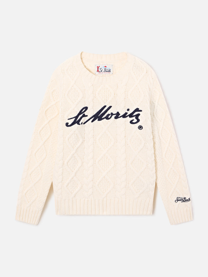 Jersey de punto trenzado color crema con cuello redondo y bordado St. Moritz | Special edition 