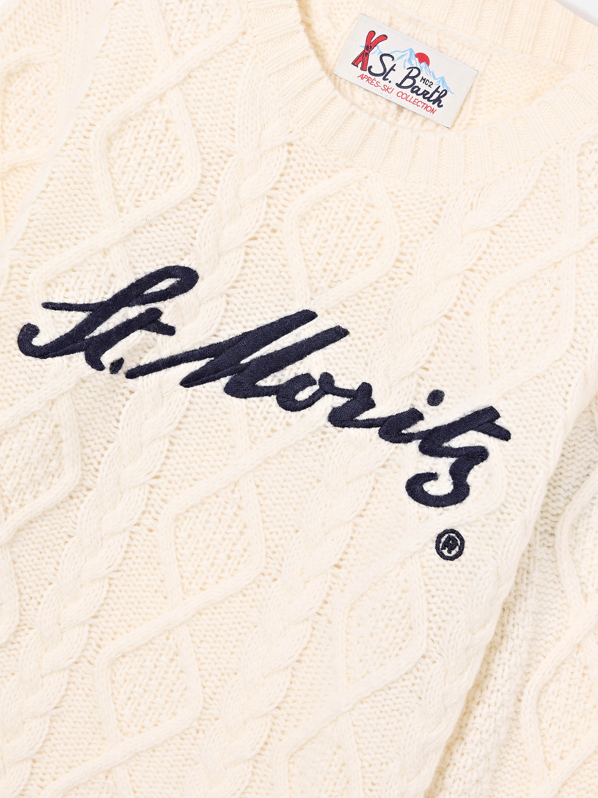 Jersey de punto trenzado color crema con cuello redondo y bordado St. Moritz | Special edition 