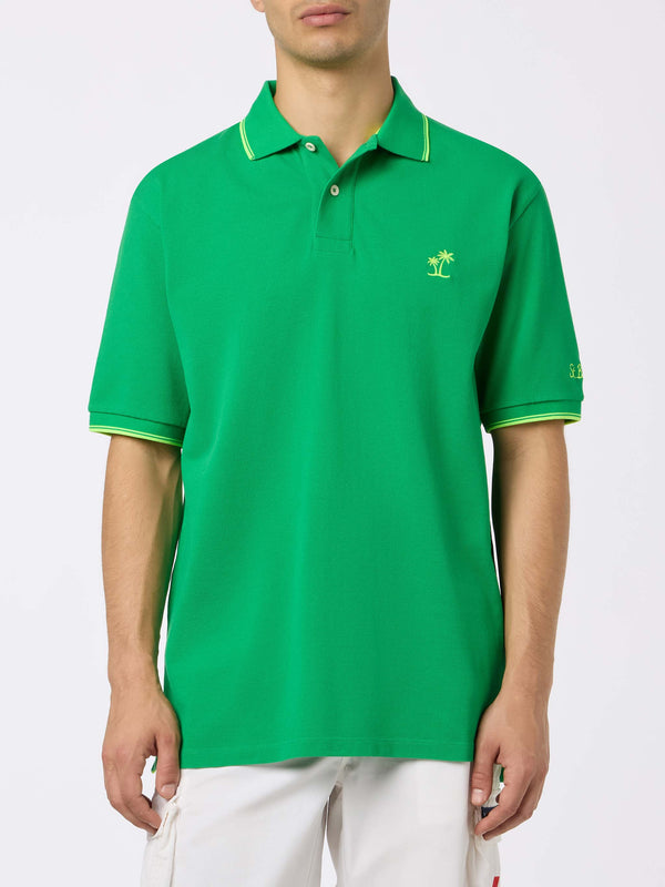 Polo da uomo in piquet di cotone verde Beverly Hills con ricamo palma