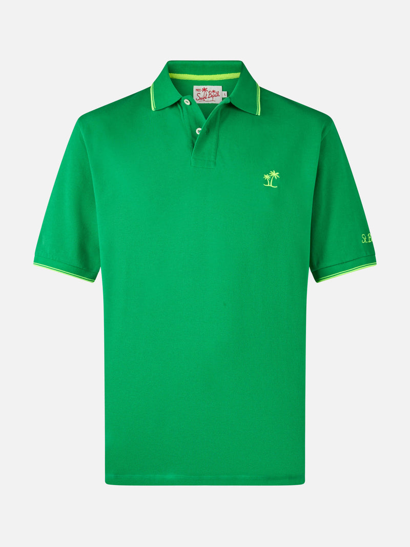 Man green cotton piquet polo shirt Beverly Hills with palm embroidery