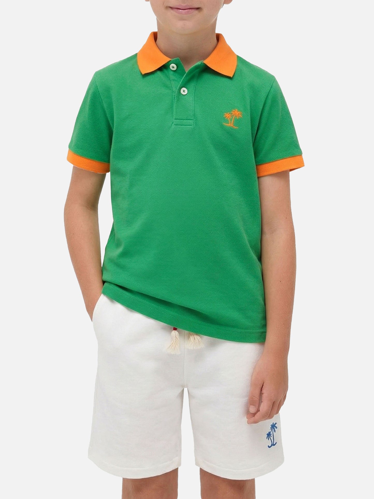 Boy green piquet polo with orange St. Barth logo