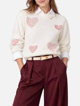 Bloom Weicher weißer gebürsteter Pullover mit roten Strassherzen 