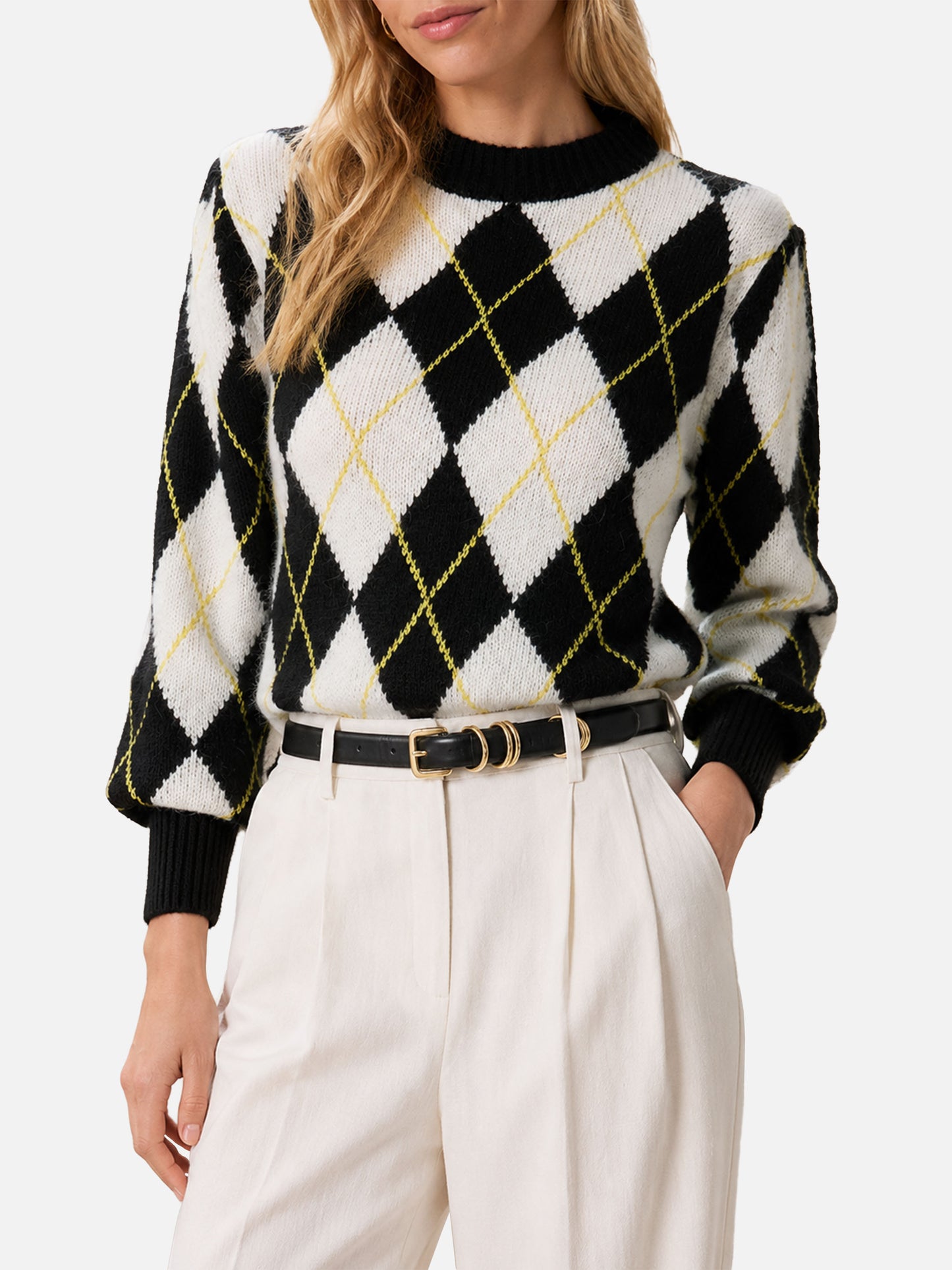 Maglione Bloom Soft con fantasia argyle bianco e grigio