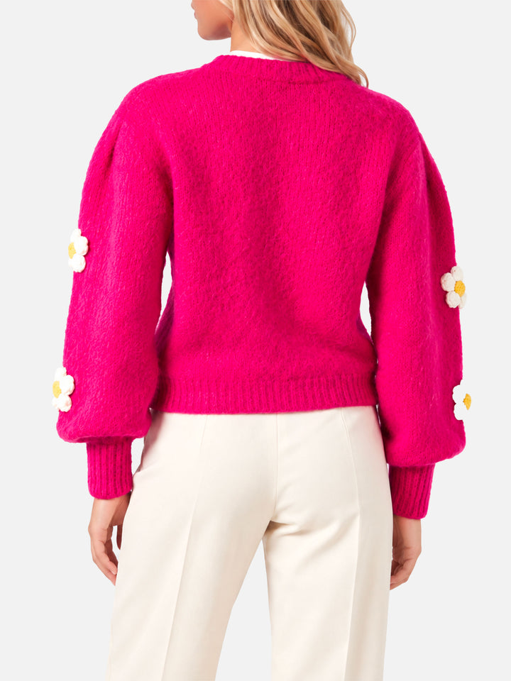 Gebürsteter Pullover in Fuchsia Bloom mit gehäkelten Blumen 