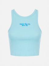 Woman rib-knit cotton crop tank with Saint Barth Beach Club embroidery