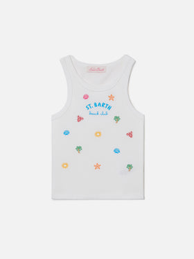 Débardeur Blue Jr en coton stretch blanc avec broderie multicolore 
