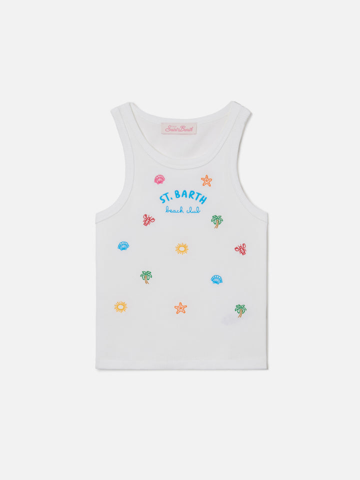Débardeur Blue Jr en coton stretch blanc avec broderie multicolore 