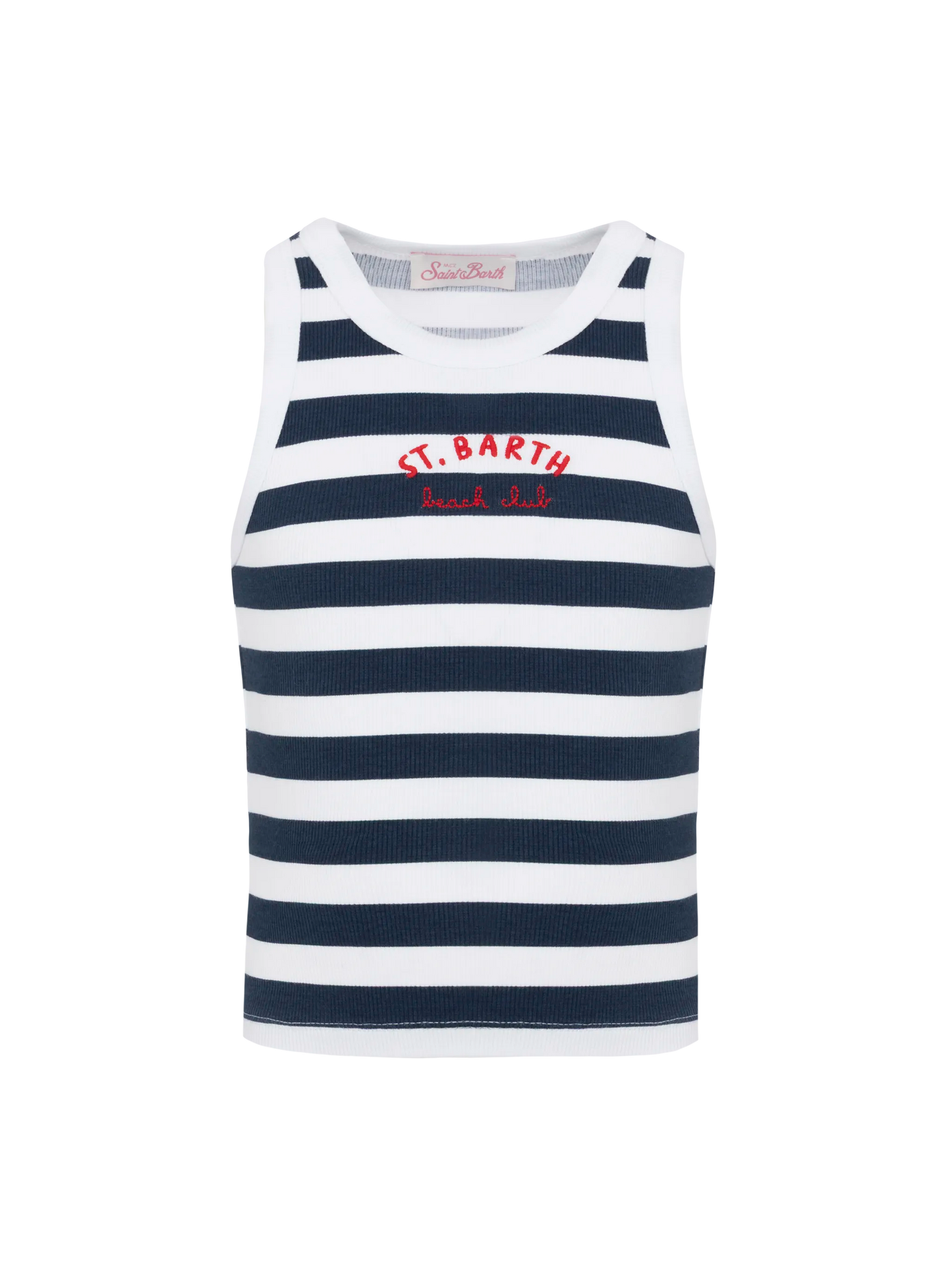 Blue Jr navy blue striped rib-knit cotton crop tank with embroidery