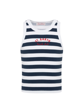 Blue Jr navy blue striped rib-knit cotton crop tank with embroidery