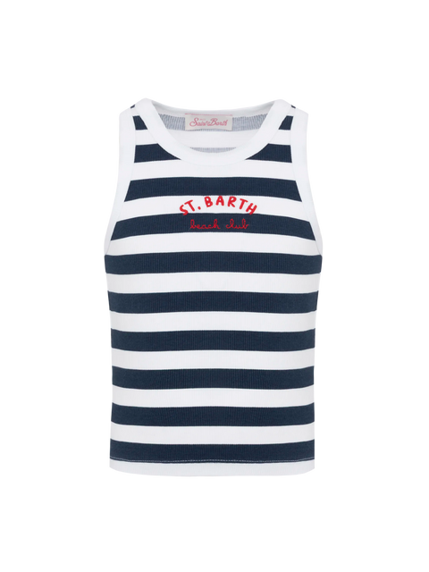 Blue Jr navy blue striped rib-knit cotton crop tank with embroidery - MC2 Saint Barth