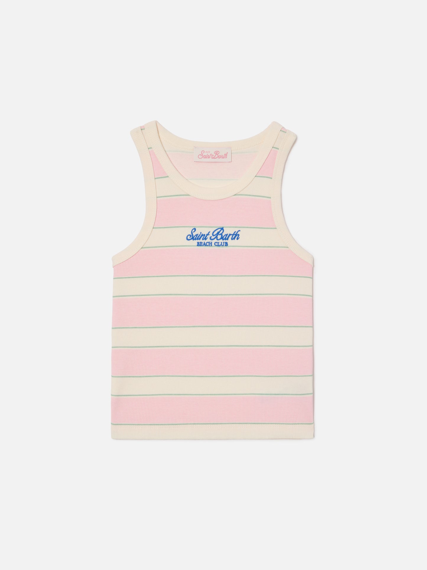 Blue Jr Tank-Top with pink, white and green stripes and embroidered logo