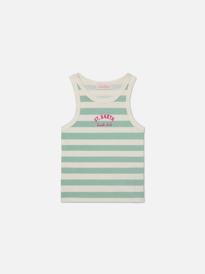 Blue Jr Tank-Top with green and white stripes and embroidered logo