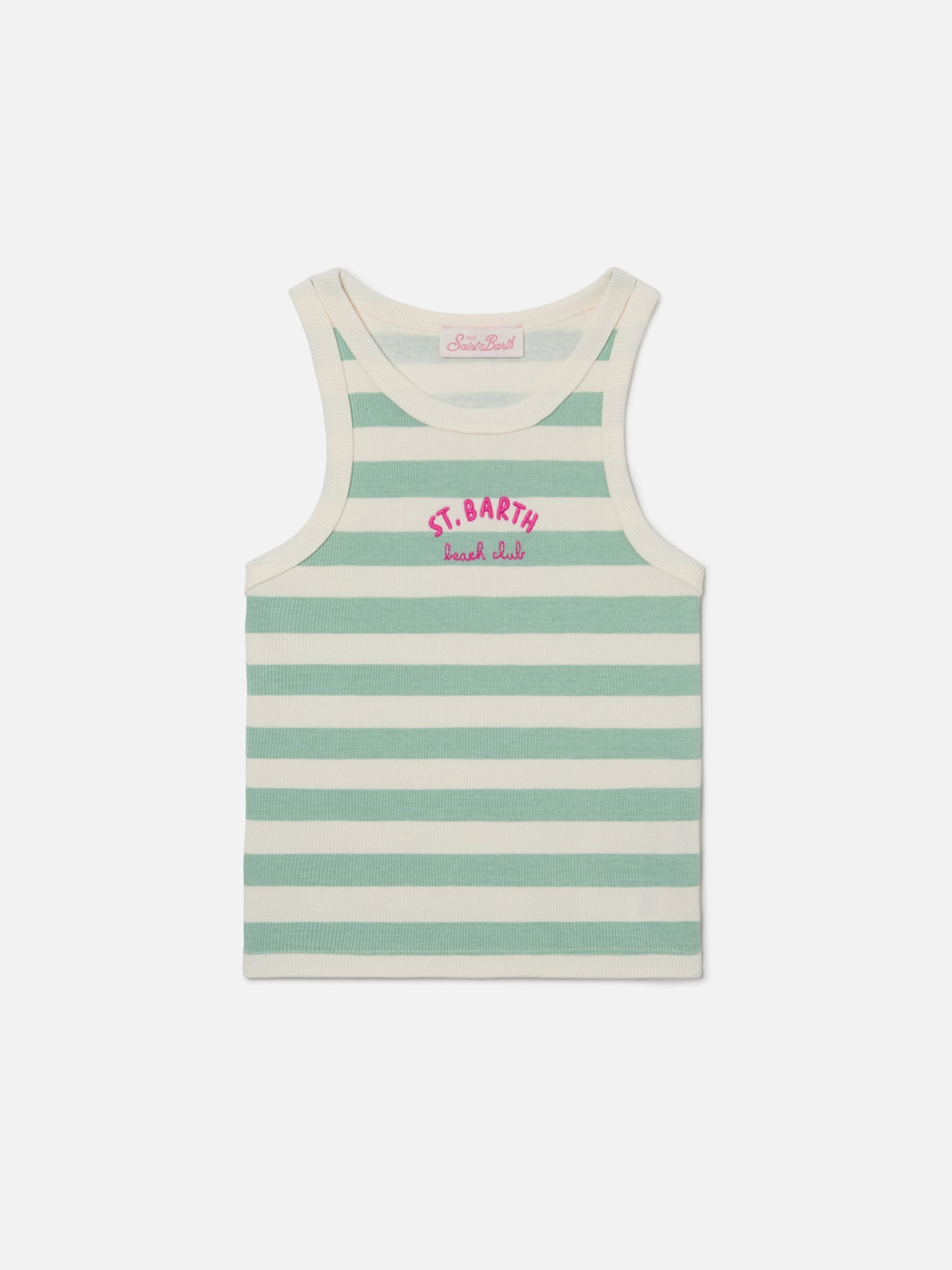 Blaues Jr Tank-Top mit grünen und weißen Streifen und gesticktem Logo 