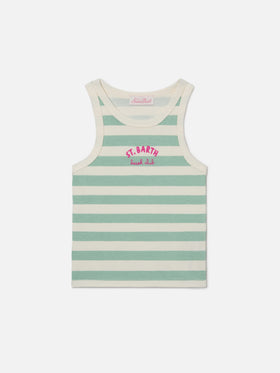 Blaues Jr Tank-Top mit grünen und weißen Streifen und gesticktem Logo 