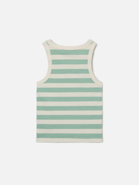 Blaues Jr Tank-Top mit grünen und weißen Streifen und gesticktem Logo 