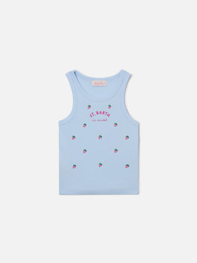 Blue Jr Tank-Top in light blue with St. Barth is sweet embroidery and strawberries
