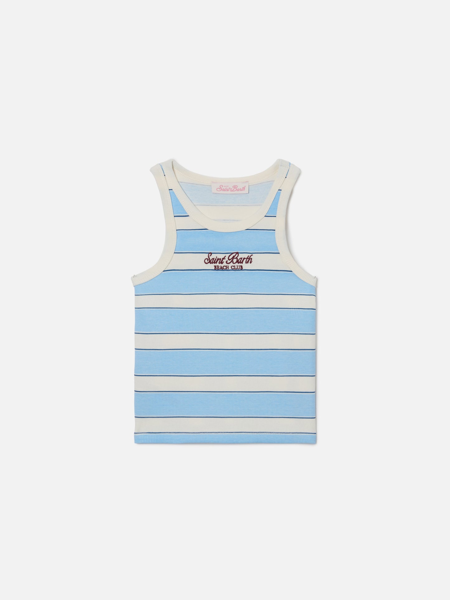 Blue Jr Tank-Top with light blue and cream stripes and embroidered logo