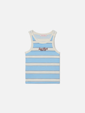 Blue Jr Tank-Top with light blue and cream stripes and embroidered logo