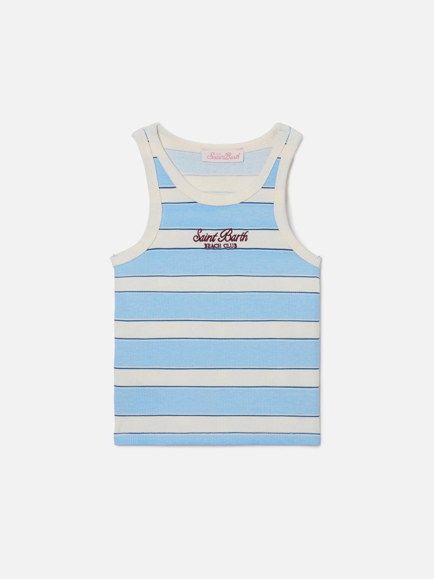 Blaues Blue Jr Tanktop mit hellblauen und cremefarbenen Streifen und gesticktem Logo 