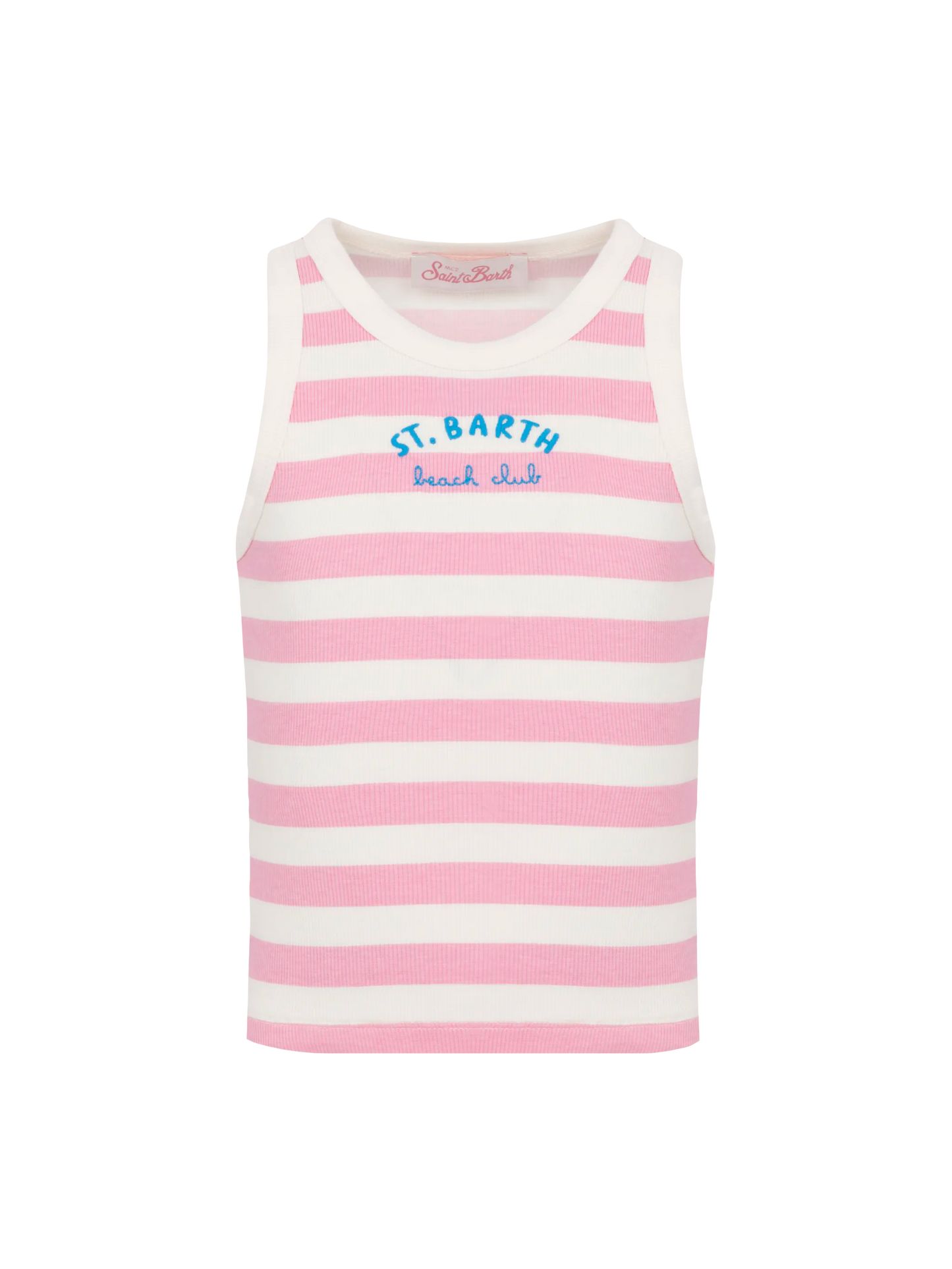Top corto Blue Jr in maglia a coste a righe rosa con ricamo