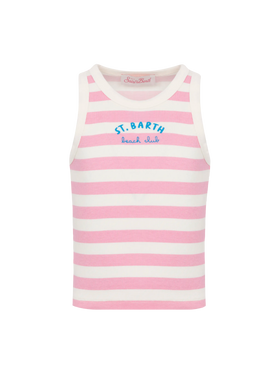 Top corto Blue Jr in maglia a coste a righe rosa con ricamo