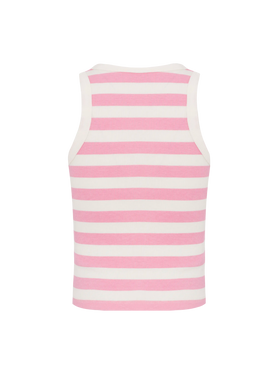 Top corto Blue Jr in maglia a coste a righe rosa con ricamo