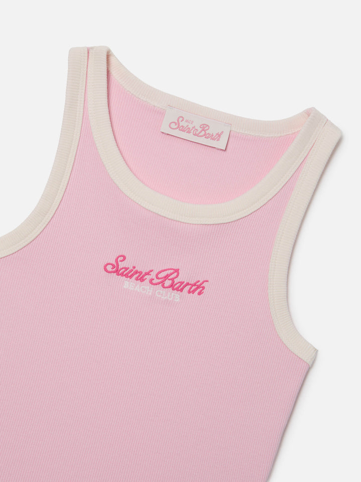Blue Jr Tank-Top in pink with embroidered logo and cream trims