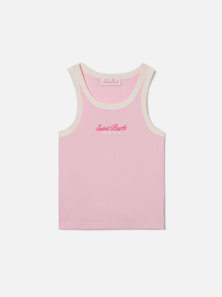 Blue Jr Tank-Top in pink with embroidered logo and cream trims