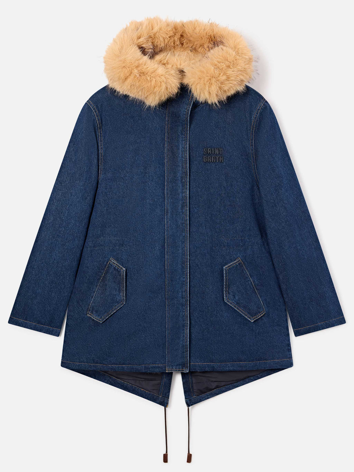 Blue Parka Brenna en denim de algodón con capucha de pelo sintético 