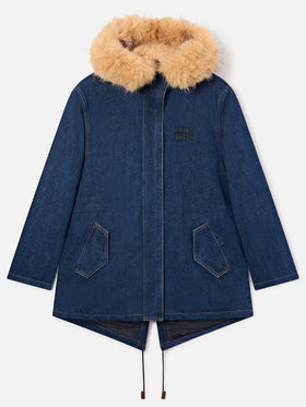 Blue Parka Brenna en denim de algodón con capucha de pelo sintético 